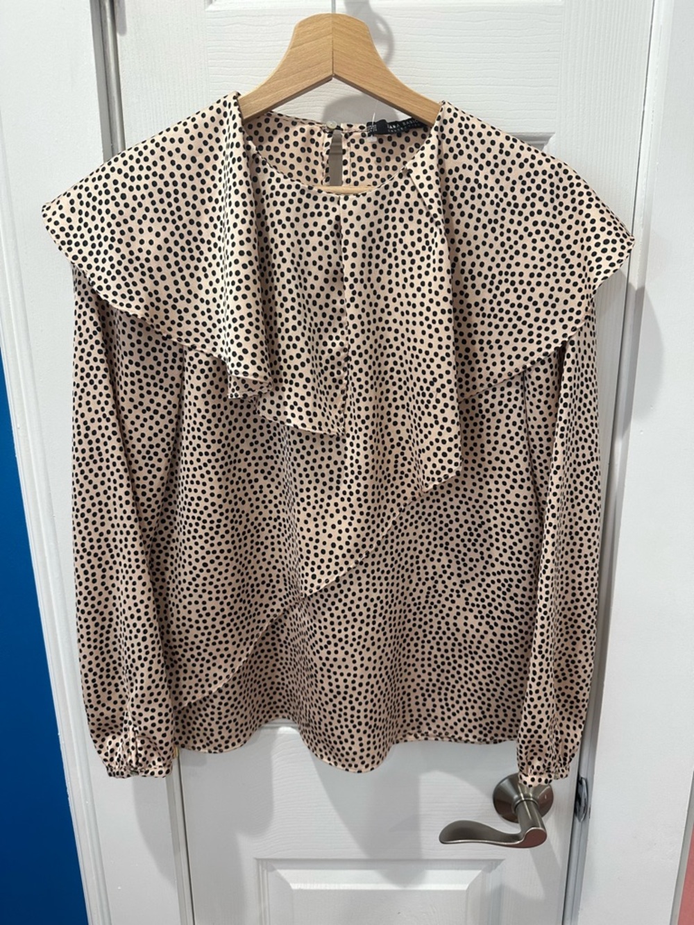 Zara Beige Polka Dot Ruffle-Neck Blouse